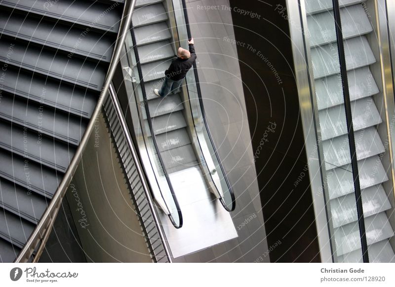 Concrete Jungle Escalator Going Comfortable Footstep Winding staircase Man Masculine Gray Brown White Black To hold on Cold Iron Decide Shopping arcade Arcade