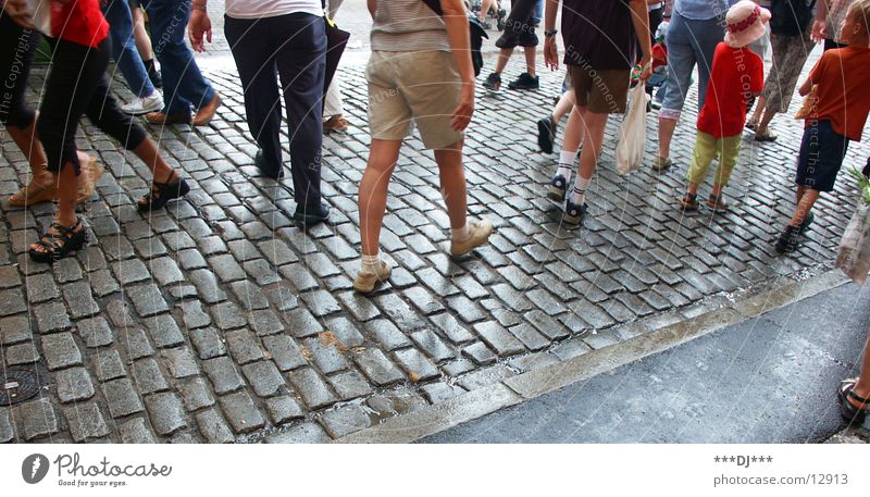 flex Footwear Going Pants Man Group Feet Walking Legs Cobblestones Street