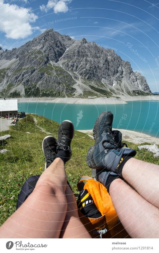 So schööööö Leisure and hobbies Trip Summer Mountain Hiking Woman Adults Man Friendship Legs Feet 2 Human being 30 - 45 years Nature Landscape Water Sky Clouds
