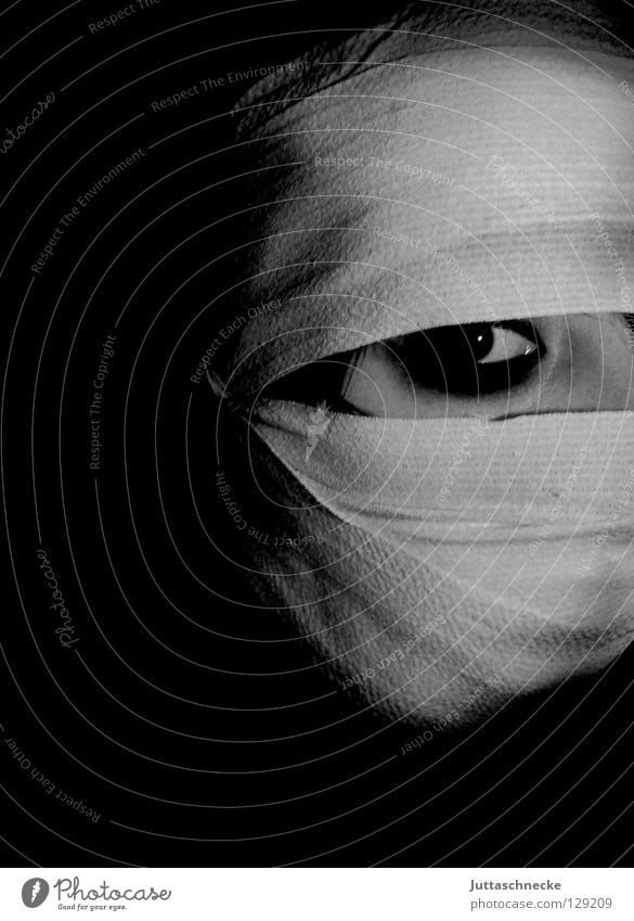 The Mummy 18 1/2 Woman Bandage Connectedness Accident Captured Creepy Grief Eyeliner Black White Dark Healthy Human being Black & white photo mummy wrapped