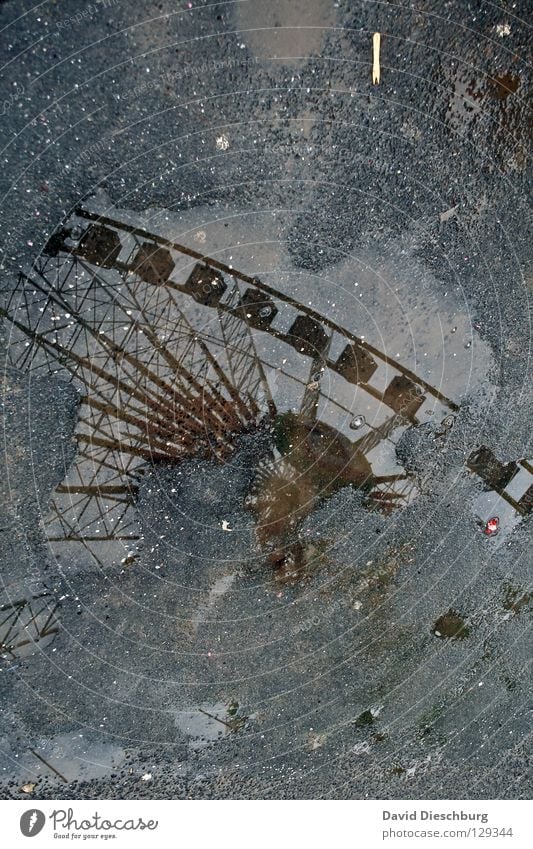 Wheel in the water Puddle Rain Wet Damp Ferris wheel Fairs & Carnivals Showman Frankfurt Main Large Might Tradition Attraction Romance Carriage Rotate Trash