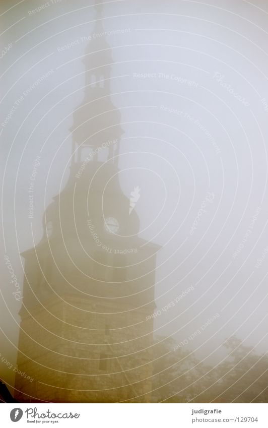 fog Fog Church spire Window Gothic period Thuringia Autumn Morning Mystic Mysterious Calm Gray Gloomy Historic Weather Detail Religion and faith Tower