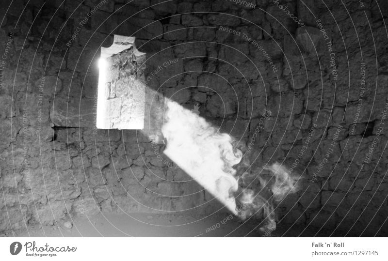 Tuxedo Light Sunlight Fog Castle Ruin Manmade structures Wall (barrier) Wall (building) Window Stone Beam of light Masonry Black & white photo Interior shot