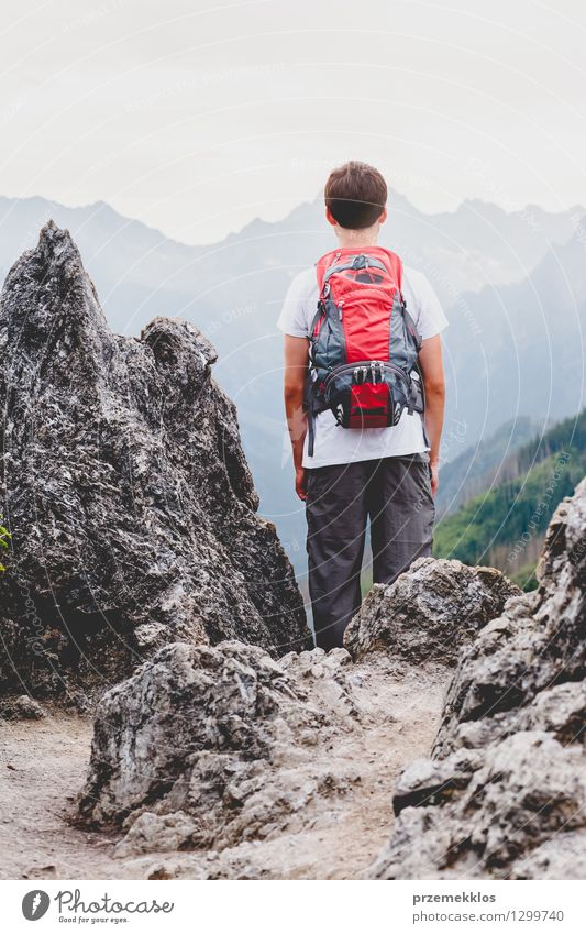 Boy standing on the rocks in the mountains and looking at a valley Vacation & Travel Adventure Summer Mountain Hiking Child Boy (child) 1 Human being