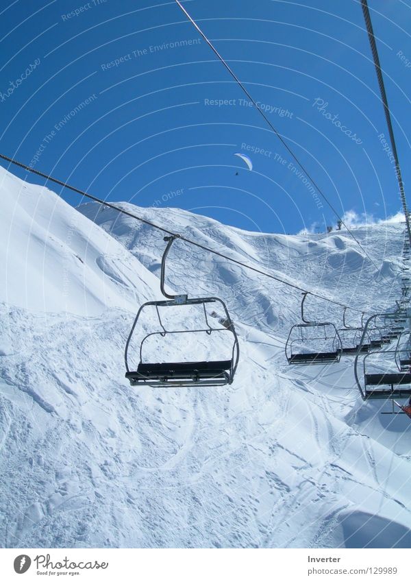 High up there... Chair lift White France Beautiful Cold Winter Snow Ski run Sky laPlagne Empty Deserted Snowcapped peak Snow layer Ski resort Skilift chair
