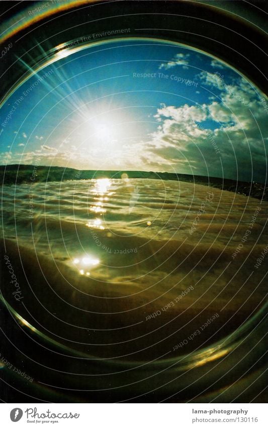 NATURAL WASH CYCLE Sun Sunbeam Summer Clouds Brook Lake Puddle Waves Surf Underwater photo Tide Cleaning Dirty Field Agriculture Dazzle Light Back-light Fisheye