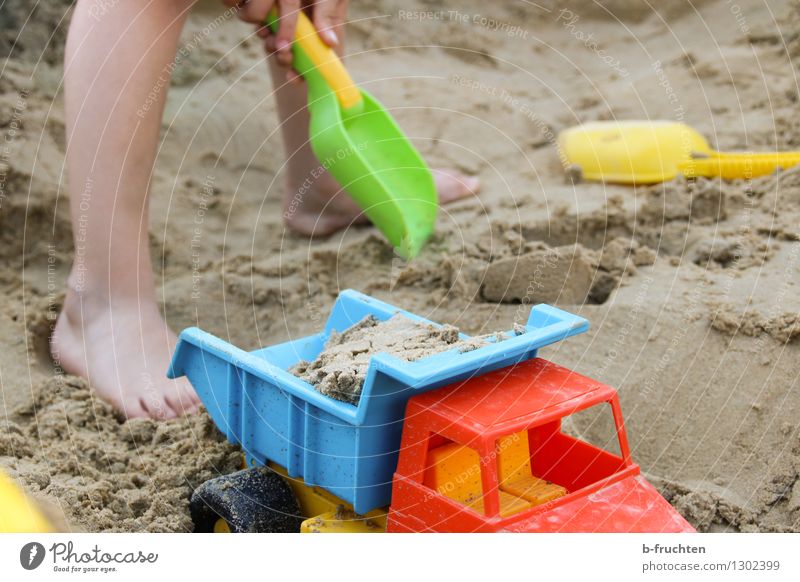 Sandbox Playing Beach Child Legs 3 - 8 years Infancy Toys Leisure and hobbies Joy Sandpit Shovel dig Truck Colour photo Exterior shot