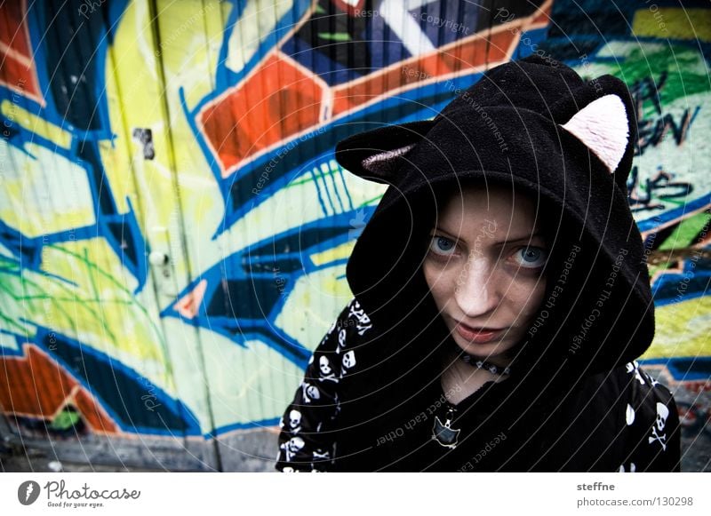 TIMES Backyard Spray Garage Cat Woman Portrait photograph Feminine Sweet Arrogant Self-confident Headstrong Jacket Youth (Young adults) Dangerous Ghetto
