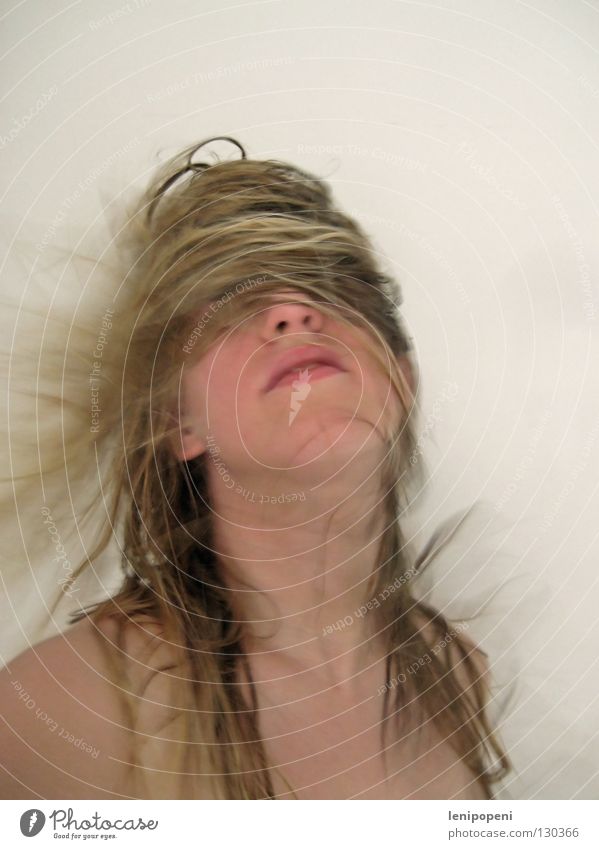 Kusselkopp II Woman Muddled Shake Rotate Crazy Blonde Wet Dry Hair and hairstyles Disheveled Soft Naked Bathroom Portrait photograph Long Upper body Closed eyes