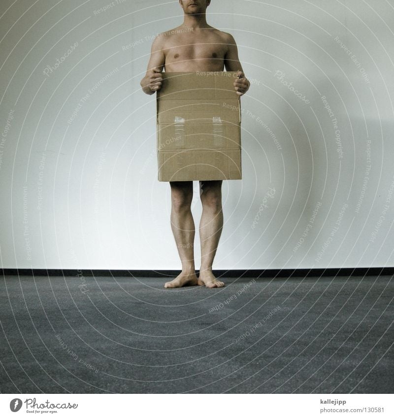 surprise package Surprise Gift Desire Man Naked Dance floor Human being Lifestyle Containers and vessels Cardboard Paper Pants Hand Joint Toes Carpet