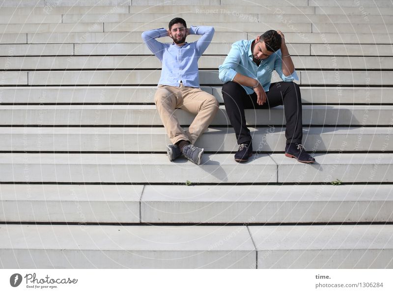 . Masculine 2 Human being Stairs Steps Shirt Pants Brunette Short-haired Beard Think To enjoy Smiling Sit Relaxation Friendship Inspiration Life Ease Break