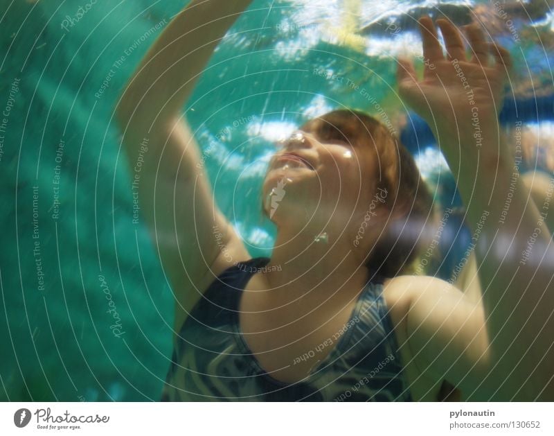 bathing mermaid Swimming pool Dive Turquoise Hand Upper body Drown Air Ocean Vacation & Travel Nixie (Water Spirit) Lake Shoulder Girl Swimsuit Joint Breathe