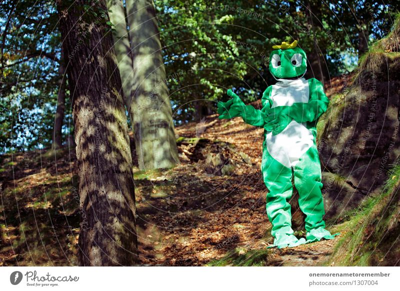 globetrotter Art Work of art Esthetic Frog Worm's-eye view Frog Prince Frog eyes Frog's legs Green Forest Clearing Forest plant Carnival costume Dress up Joy