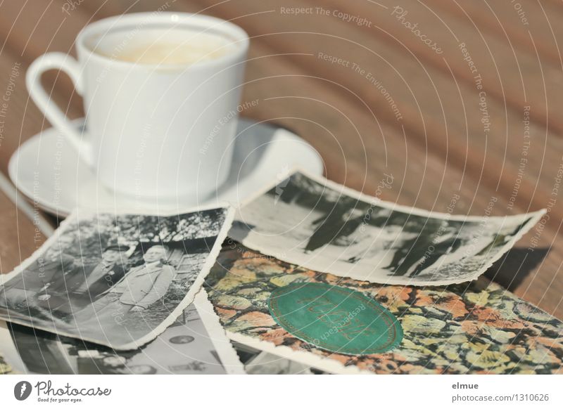 old poetry album, old paper pictures and a small cup on a wooden table Espresso Cup Friendship book Photography Poetic Novel Old Historic Uniqueness Original