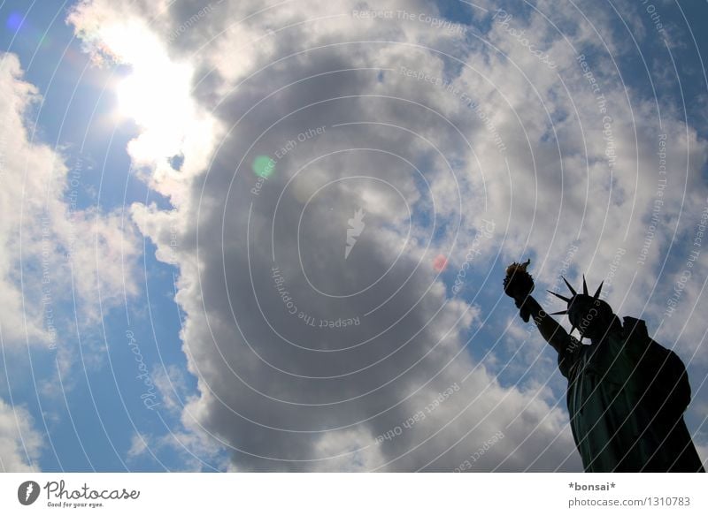hands up Vacation & Travel Tourism Sightseeing City trip Statue Clouds Sun Summer Beautiful weather New York City USA Port City Manmade structures Architecture