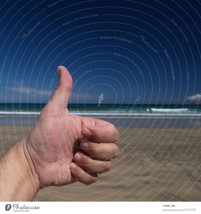 1a holiday! Vacation & Travel Beach Waves Thumb Hand Happiness Sunbathing Lanzarote Canaries Atlantic Ocean Blue White crest Low tide Fingers Clouds Physics