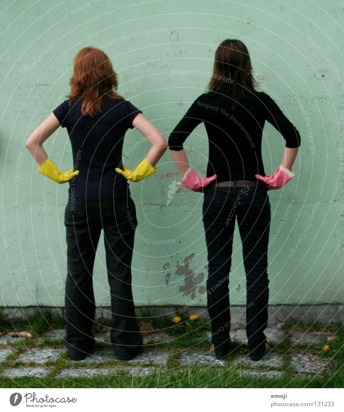 Two women from behind with rubber gloves Gloves Rubber Pink Yellow Gaudy Intoxicant Turquoise Wall (building) Hand Describe Dirty Cleaning Noble Whimsical