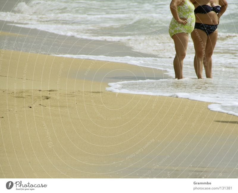 beach walk Ocean Beach Sand Waves Mediterranean sea Majorca Ballermann Senior citizen Fat Stomach Swimsuit Bikini Wellness Well-being Restorative Relaxation