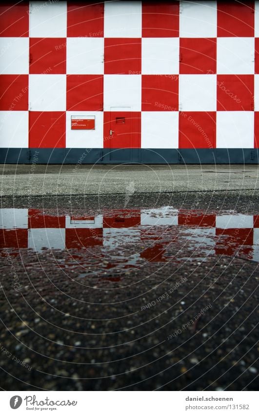 Small-minded Reflection Asphalt Facade Abstract White Red Checkered Square Pattern Background picture Gray Black Airport Detail Water Rain Door Shadow