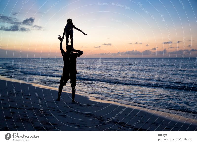 Acrobatics on the beach Athletic Life Vacation & Travel Summer vacation Beach Fitness Sports Training Girl Man Adults 2 Human being Sky Sunrise Sunset Ocean