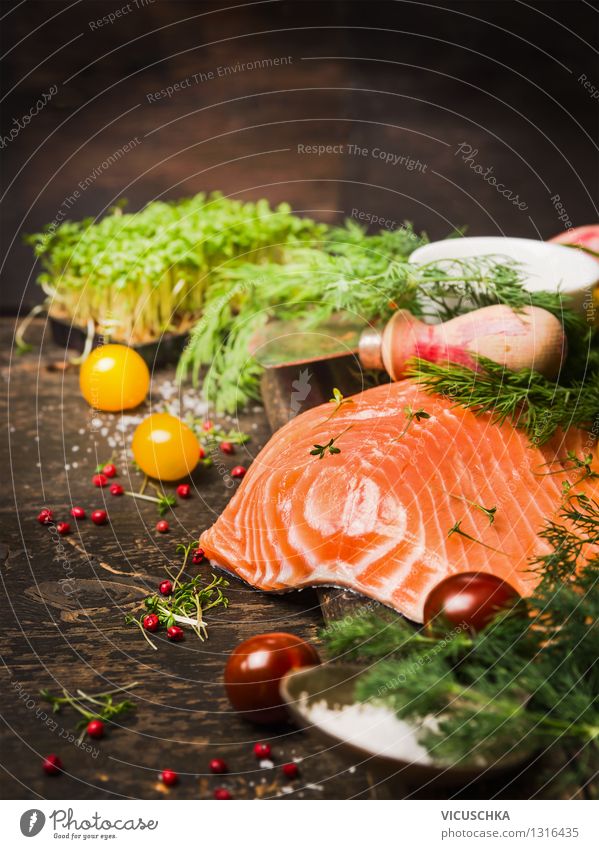 Fine salmon fillet with fresh herbs for cooking Food Fish Vegetable Herbs and spices Cooking oil Nutrition Dinner Banquet Organic produce Vegetarian diet Diet