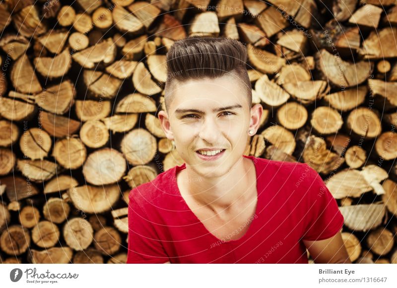 Portrait smiling teenager in front of wood pile Style Leisure and hobbies Summer Child Human being Young man Youth (Young adults) 1 13 - 18 years Nature Autumn