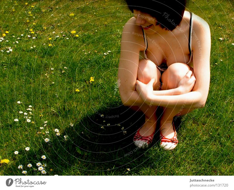 flower child Woman Flower Meadow Summer Spring Dreamily Daisy Think Crouch Beautiful weather Flower power Hippie Peace Lawn Wait ponder Garden Sit Coil Entwine
