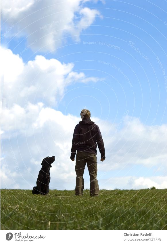 man with dog ..... Man Friendship Field Hill Grass Dog Labrador Meadow Clouds Spring day To go for a walk Green Black White Animal dog owners master Human being
