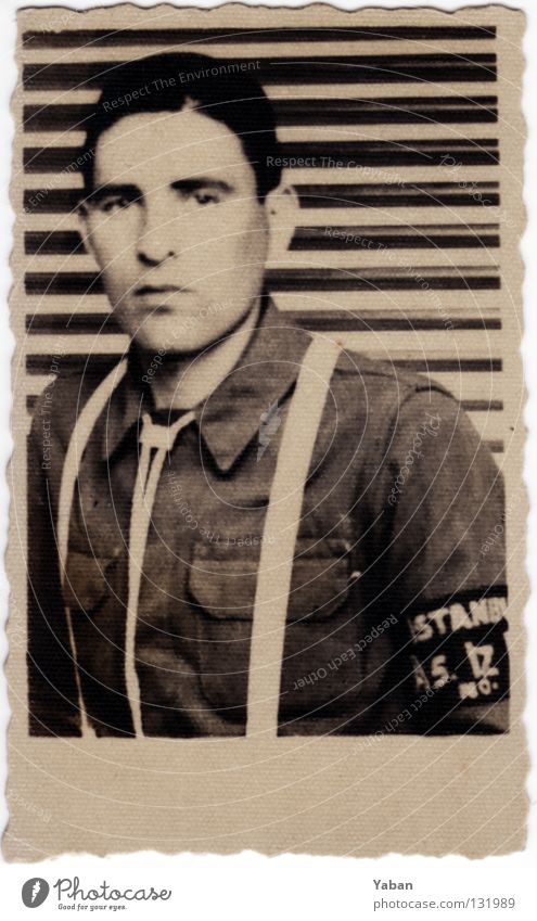 You're in the army now Passport photograph Tattered Army Military draft Soldier Man Young man Sixties Suspenders Turkey Istanbul Black & white photo