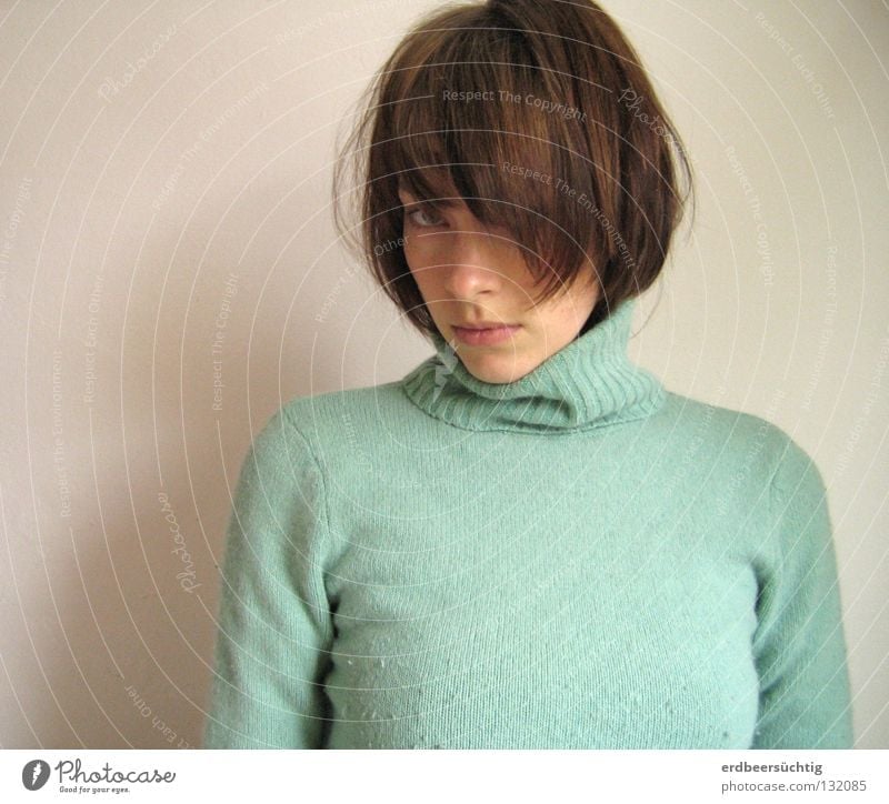 You don't understand me! Hair and hairstyles Woman Adults Mouth Sweater Bangs Sadness Cold White Grief Feeble Roll-necked sweater Wall (building) Mint green