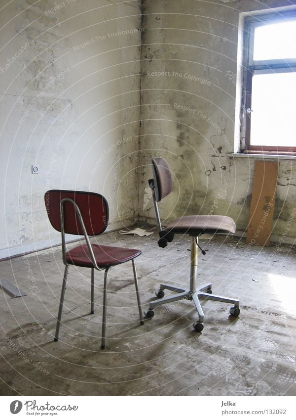 sometimes... Chair Wallpaper Room Factory Industrial plant Ruin Wall (barrier) Wall (building) Window Footprint Old Dirty Retro Red Loneliness Decline