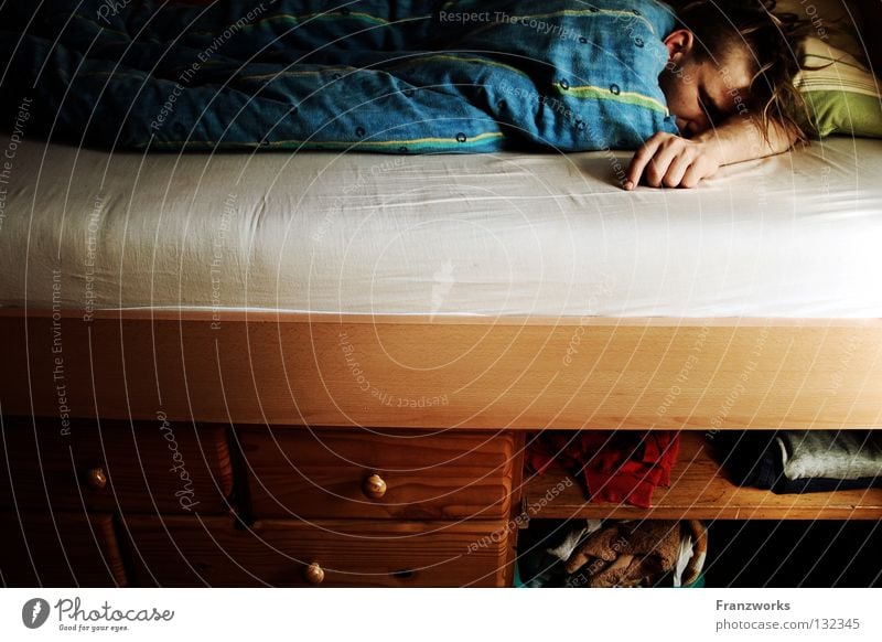 Tired drawers. Bed Sleep Cushion Clothing Drawer Night Morning Calm Broken Motionless Man Cuddly Cozy Physics rat Fatigue Lie Air mattress Blanket claus Guy
