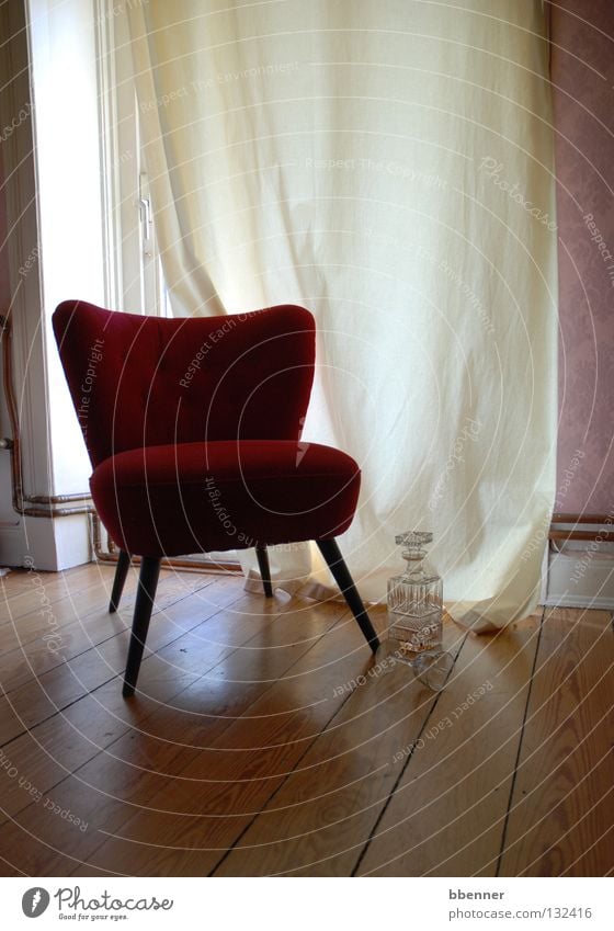 quiet gently... Armchair Red Wood Metal coil The fifties Comfortable Soft Drape Window Champagne Wooden floor Old building Wall (building) Liquer Spirits