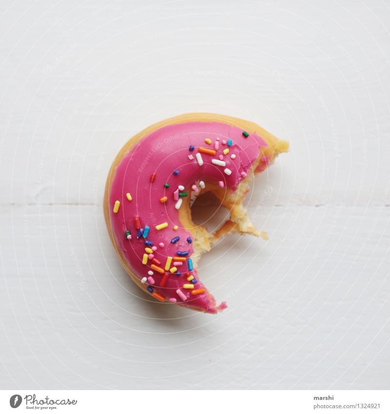 too late... Food Nutrition Eating Emotions Moody Pink Donut Candy Bite Delicious Rich in calories Calorie Tasty Tasteless Granules Multicoloured Isolated Image