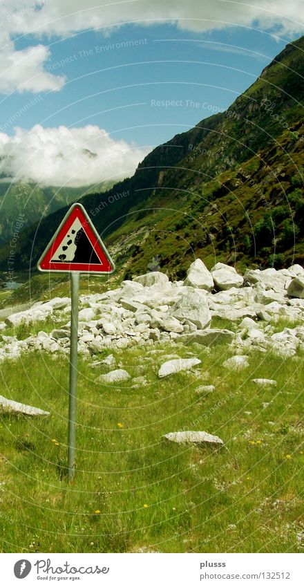 ATTENTION Rockfall Dangerous Testing & Control Gravel Natural catastrophe Geology Limestone Stone Switzerland Summer Extent Force of nature Signs and labeling