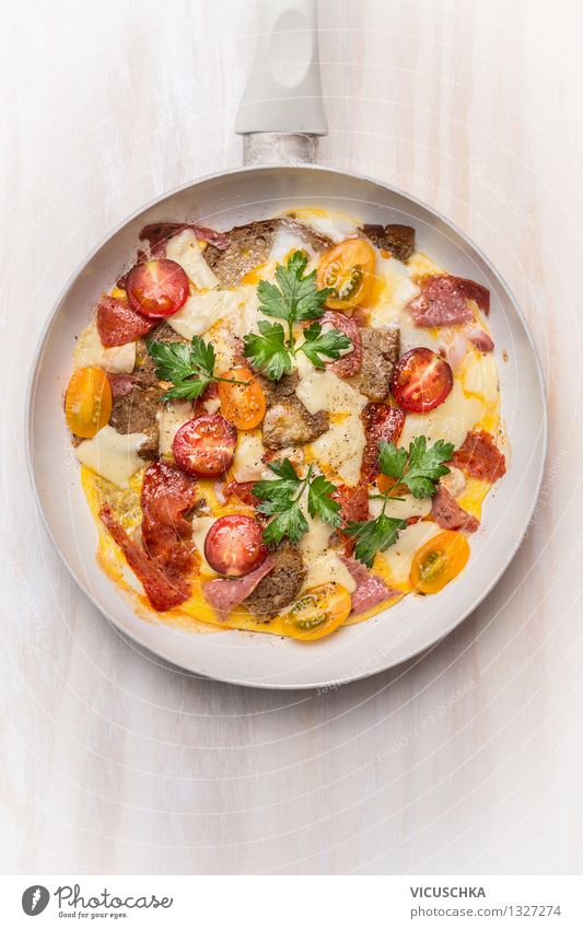Omelette with sausage, tomatoes, bread and cheese Food Sausage Cheese Vegetable Bread Nutrition Breakfast Lunch Banquet Organic produce Diet Pan Style Design
