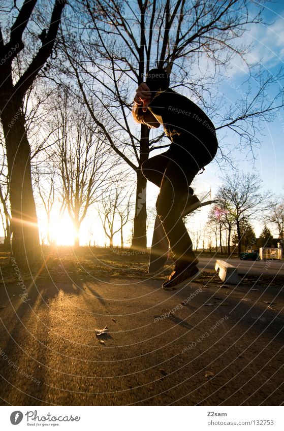 one is still Action Skateboarding Contentment Jump Striped Tar Concrete Light Tree Wide angle Youth (Young adults) Sports Speed Rotation Park Boardslide Summer