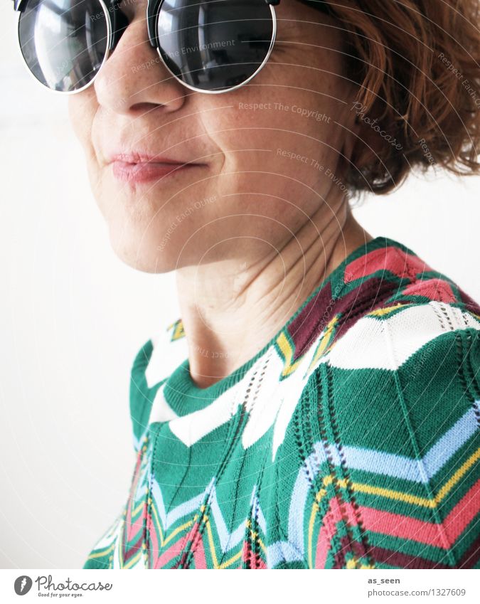 ReTro Lifestyle Style Woman Adults Face 1 Human being 30 - 45 years Fashion Sweater Seventies Sixties Zigzag Pattern Accessory Sunglasses Hair and hairstyles