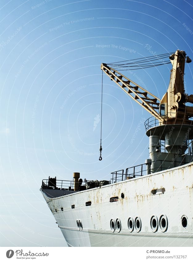 Seafaring that is funny Navigation Cargo-ship Watercraft Ocean Crane Goods Porthole Checkmark Wanderlust Power Force Sky Blue Metal overseas Rust Baltic Sea