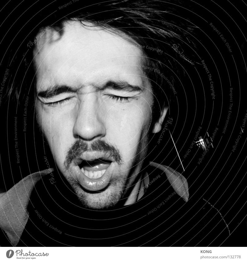 health. Portrait photograph Facial expression Sneezing Shake Closed eyes Black White Moustache Denied Cramped Frozen Scream Disgust Mouth Movement Man Gentleman
