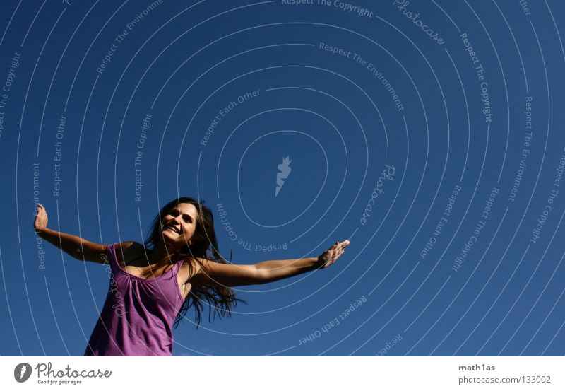 Hanna in the sky with diamonds Portrait photograph Jump Brown Woman Brunette Violet Trampoline Joy Hair and hairstyles Wind Face Sky Blue Flying hitchhike