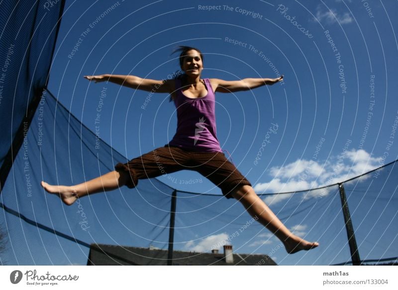 spring fairy Portrait photograph Jump Brown Woman Brunette Violet Trampoline Funsport Hair and hairstyles Wind Sky Blue Flying hitchhike little bird Hanna birds