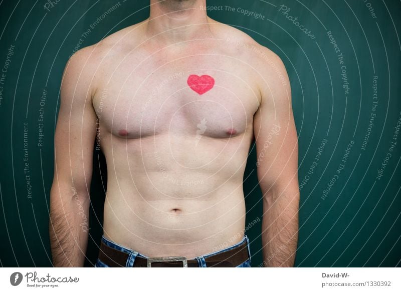 the heart in the right place Man Heart Naked Muscular Musculature Healthy State of health Body Skin Manly masculinity Chest Shaven Shoulders Nape Biceps Neck