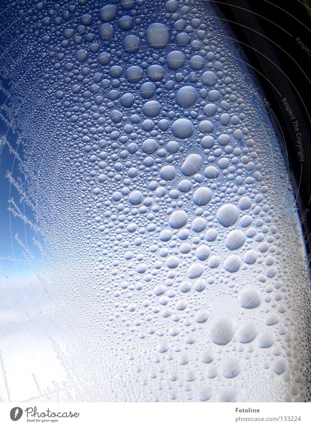 At the window of an airplane the drops of water frozen to ice Airplane Window Clouds Drops of water Aviation Water Ice Sky Frost Blue White Vacation & Travel