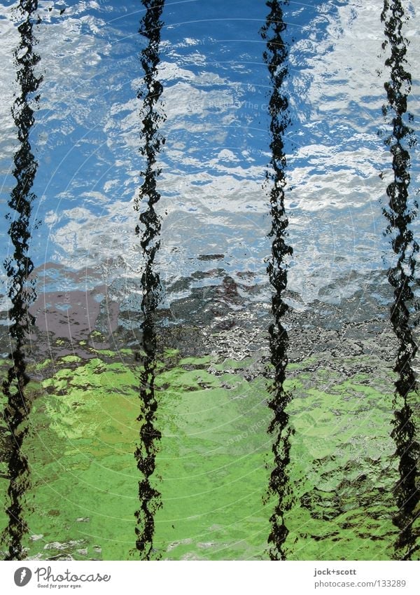 behind bars Clouds Meadow Blue Green Inspiration Symmetry Change Colouring Plate glass Surface coating Scattered Daydream Grating Distorted Illusion Reaction