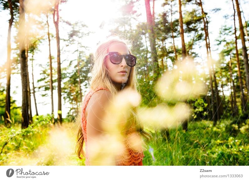 Summer Girls Feminine Young woman Youth (Young adults) 1 Human being 18 - 30 years Adults Nature Sun Beautiful weather Forest Fashion Dress Sunglasses Haarkette