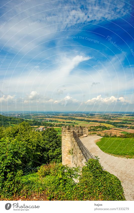 Panoramic view from Waldenburg, Hohenlohe, in north direction Beautiful Tourism Lamp Agriculture Forestry Nature Meadow Field Town Green Moody panorama