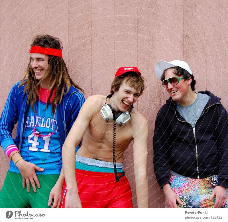grin Retro Cap Headphones Red Wall (barrier) Concert Music Joy funky boys Laughter funny group picture