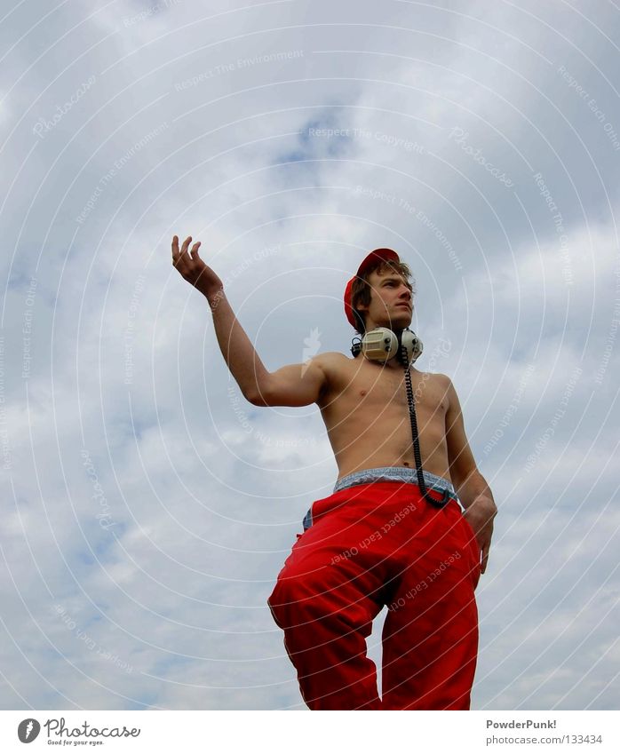 statue Statue Red Headphones Cap Man Music Clouds Hand Joy Art Culture Sky String Blue View into the distance Arm