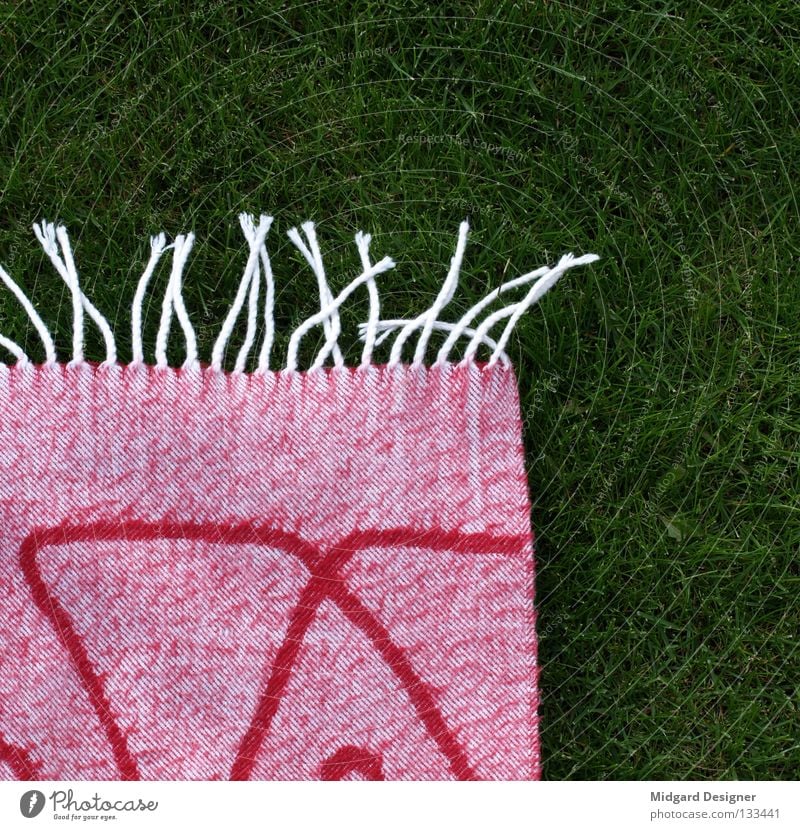 fabric corner Summer Warmth Grass Meadow Cloth Lie Soft Pink Red Blanket Fringe Colour photo Multicoloured Long shot Lawn Deserted Exterior shot Day